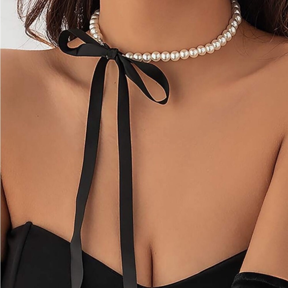 1pc Elegant Black Velvet Bow Choker Necklace With Faux Pearl Chain, Y2k Style 🆕